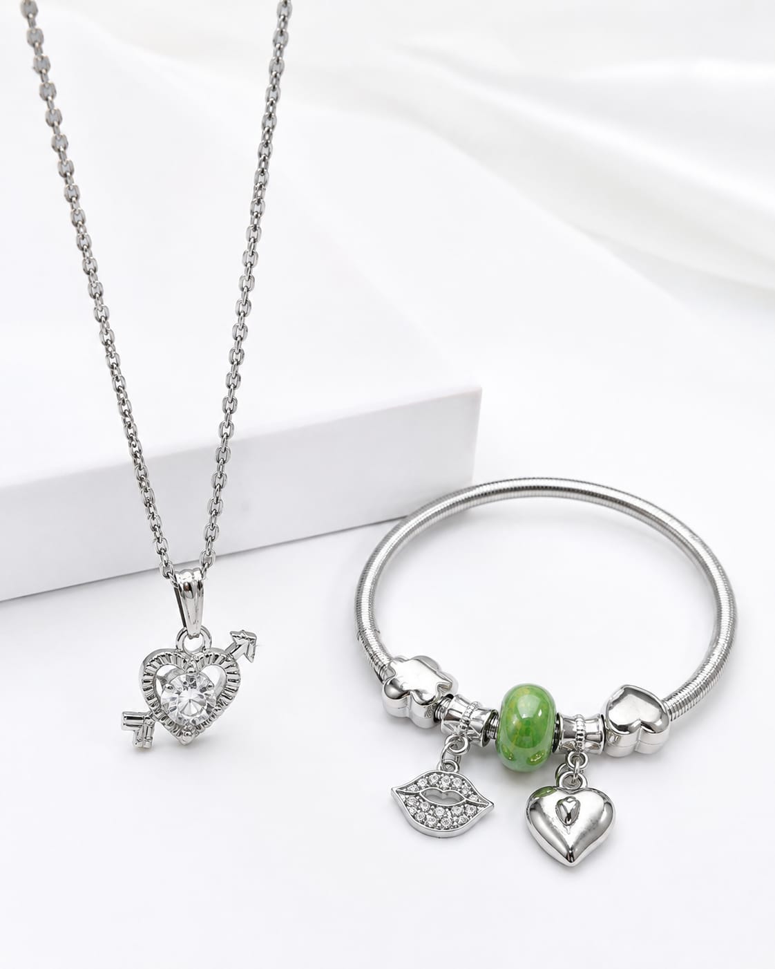 Green Pearl Heart Charm Necklace and Bracelet Set