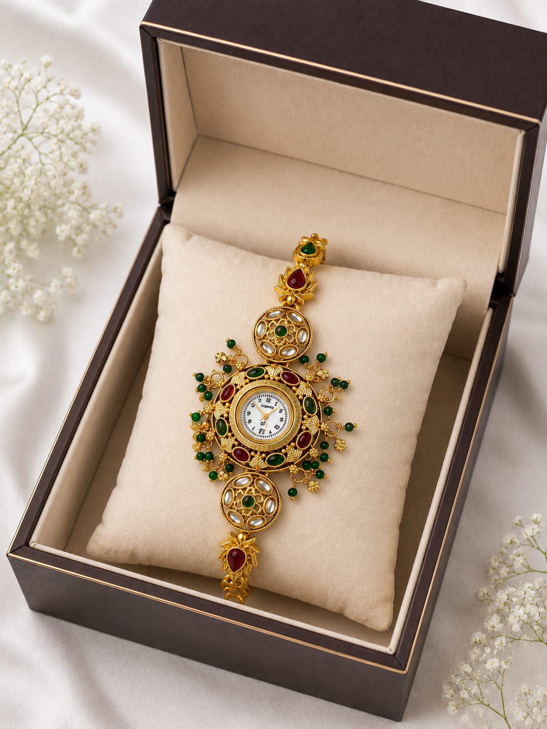 Traditional Green and Red Stone Gold Tone Designer Wrist Watch