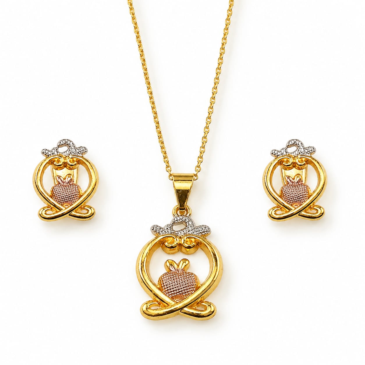 Golden Heart Apple Pendant Necklace and Earrings Set
