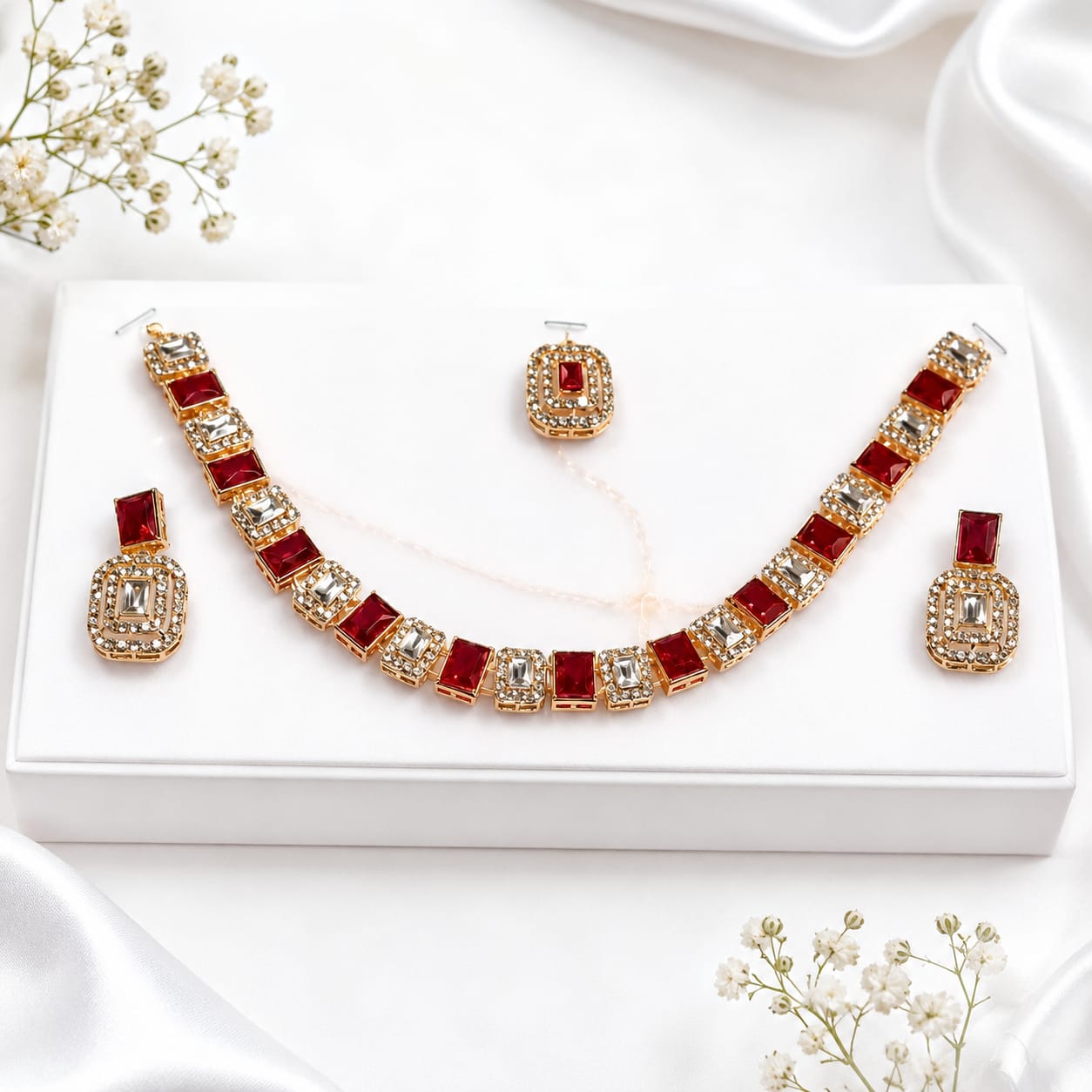 Red and White Stone Gold Tone Necklace Set