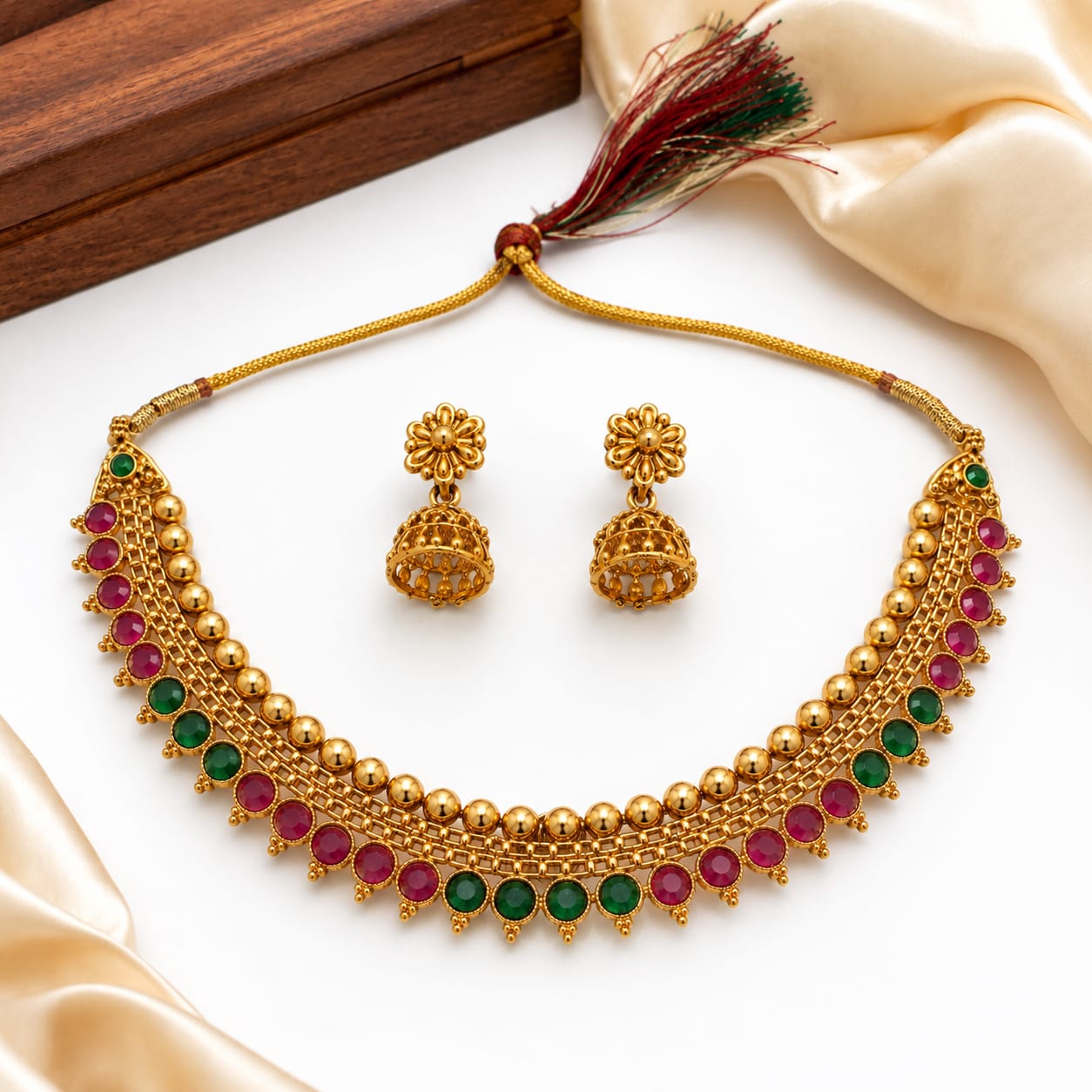 Traditional Gold Tone Ruby and Emerald Necklace Set