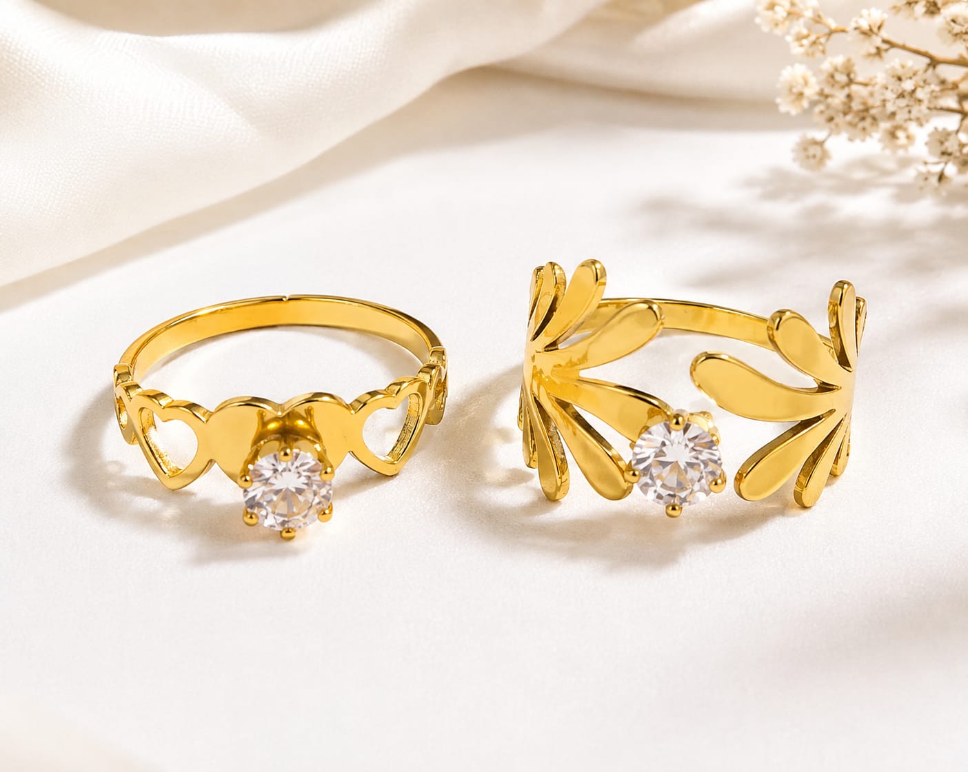 Gold Tone Heart and Leaf Stone Ring