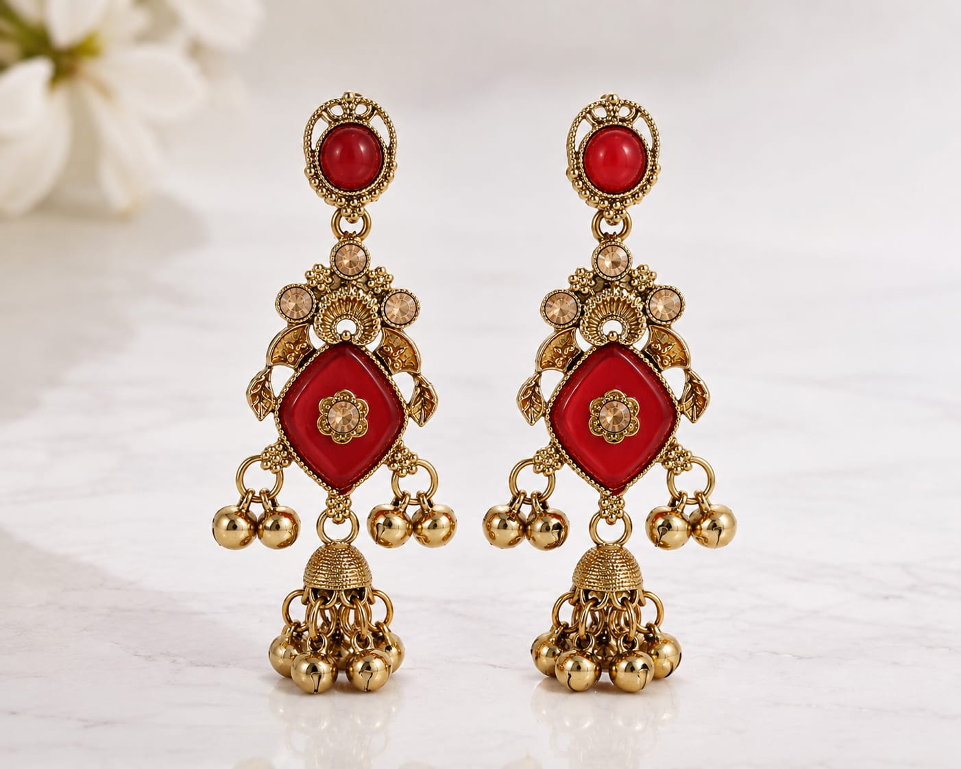 Traditional Red Stone Gold Tone Jhumka Earrings