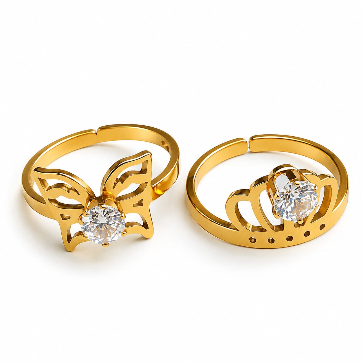 Gold Tone Butterfly and Crown Stone Ring Set