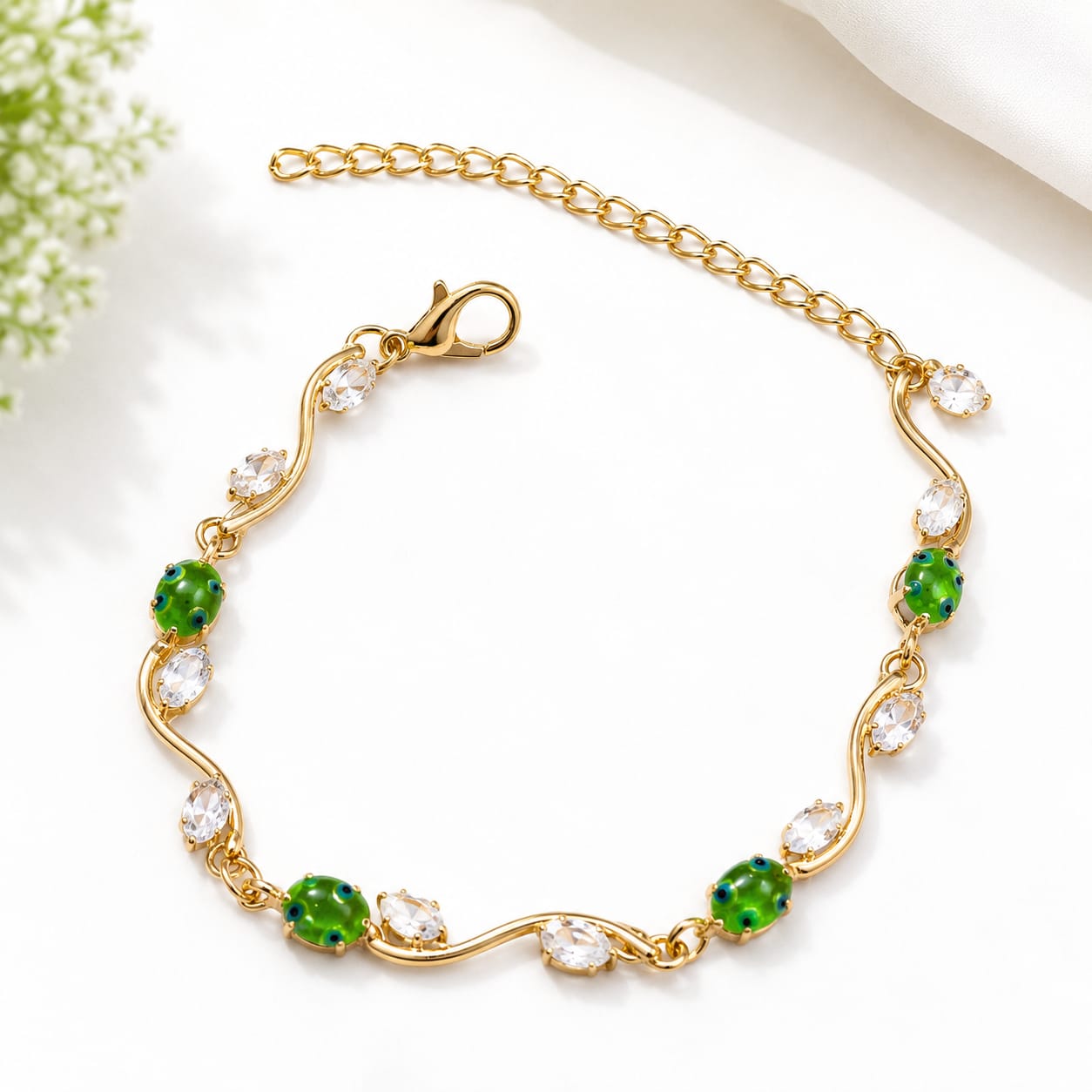 Gold Tone Green Enamel and Crystal Bracelet