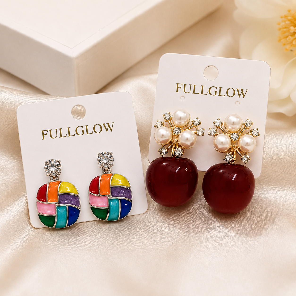 Multicolor Enamel and Pearl Drop Earrings Set