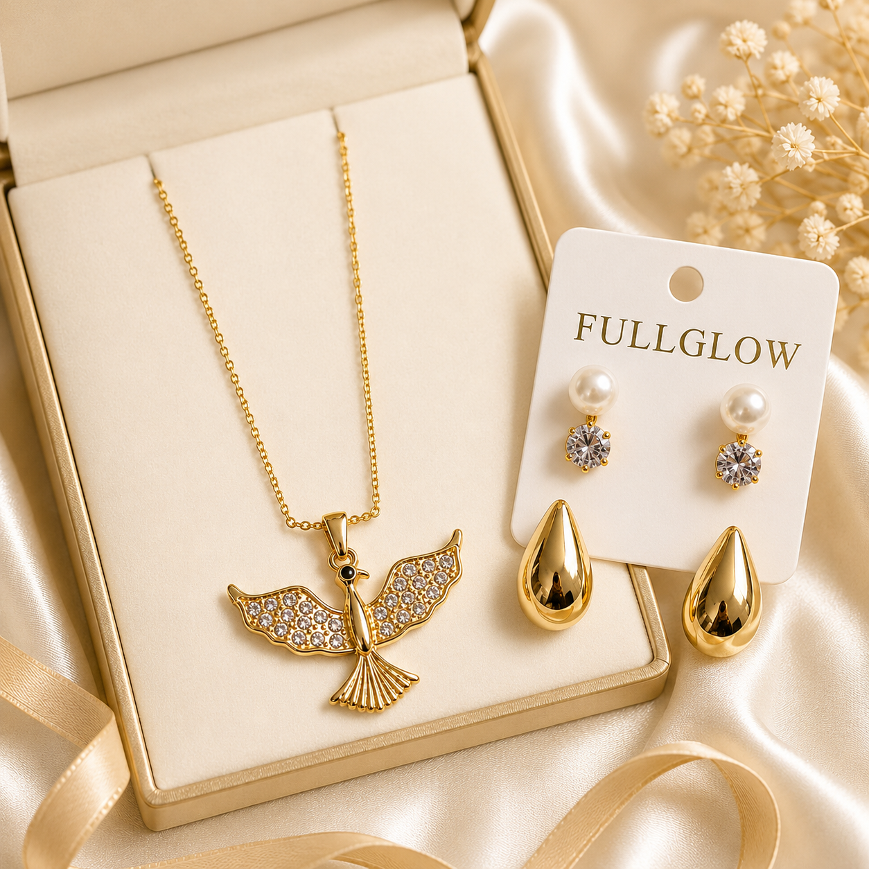 Gold Tone Bird Pendant Necklace and Pearl Drop Earrings Set