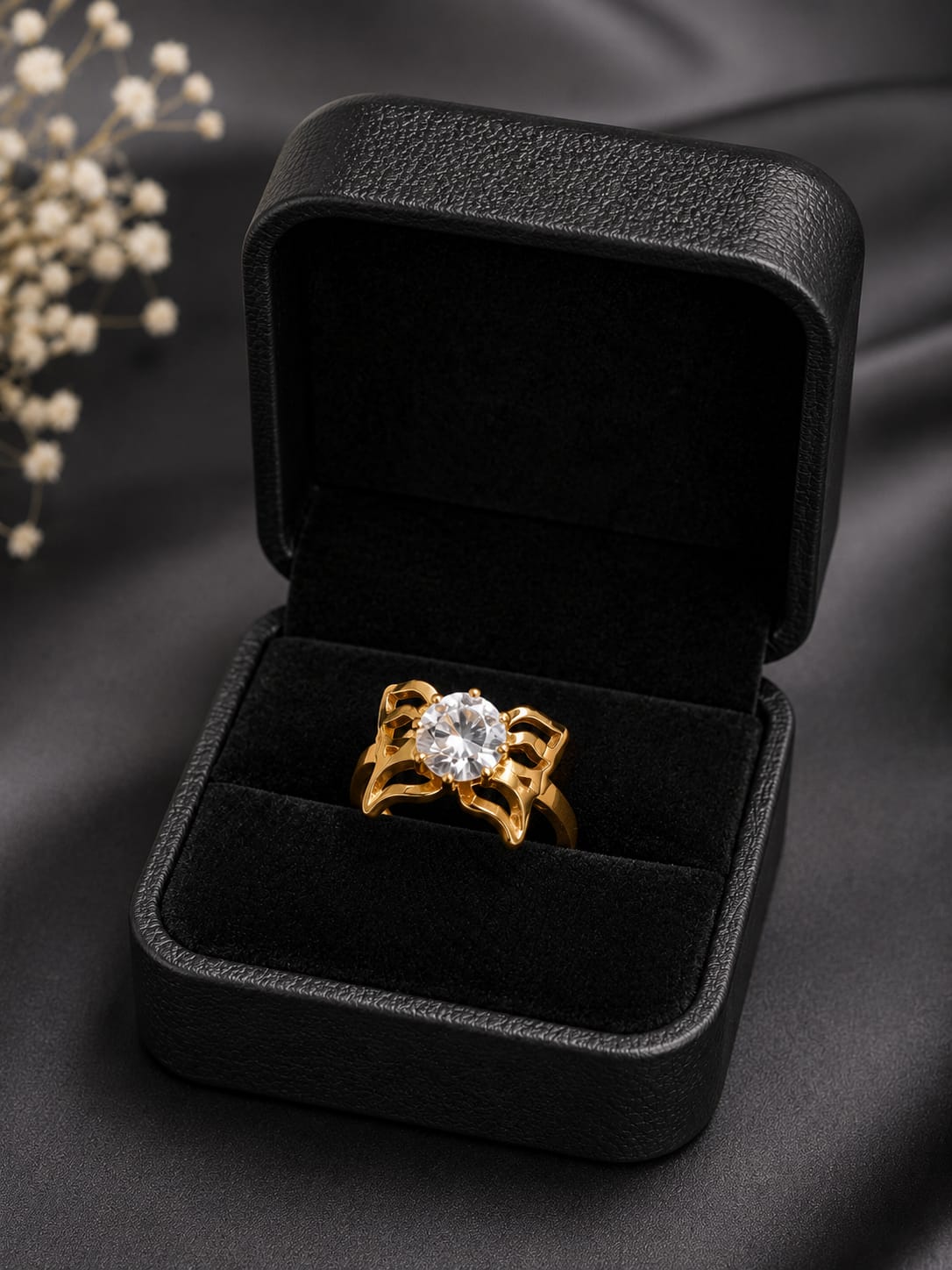 Elegant Golden Crystal Floral Ring