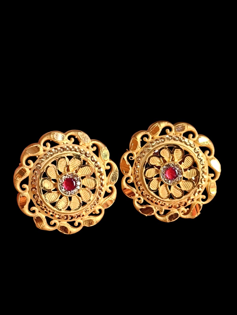 Golden Floral Stud Earrings with Red Stone Center - Image 2