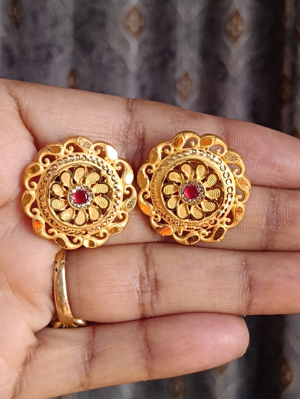 Golden Floral Stud Earrings with Red Stone Center - Image 3