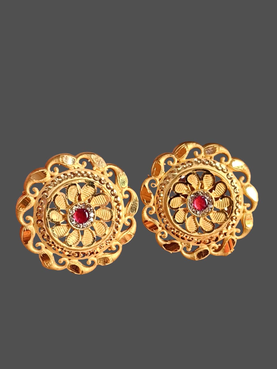 Golden Floral Stud Earrings with Red Stone Center - Image 4