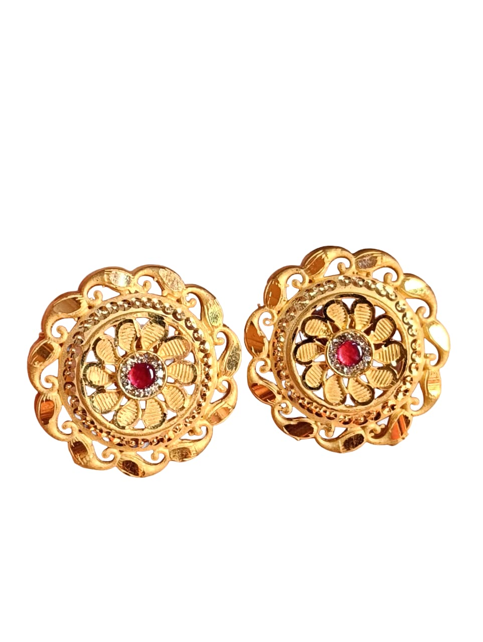 Golden Floral Stud Earrings with Red Stone Center - Image 5