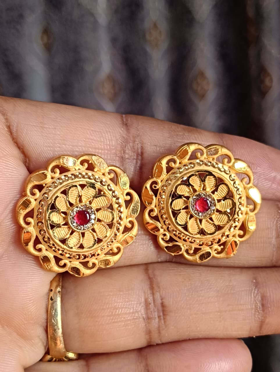 Golden Floral Stud Earrings with Red Stone Center - Image 6