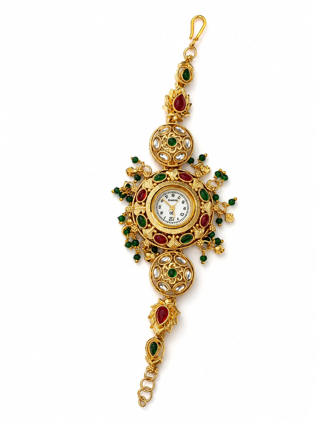 Traditional Green and Red Stone Gold Tone Designer Wrist Watch - Image 1