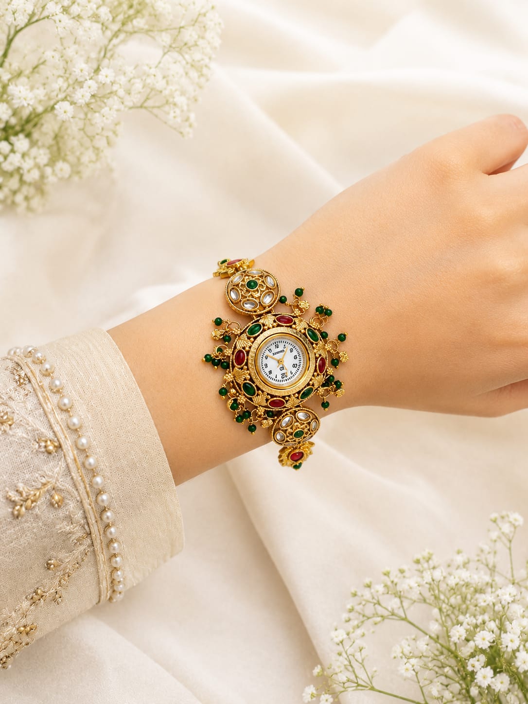 Traditional Green and Red Stone Gold Tone Designer Wrist Watch - Image 2