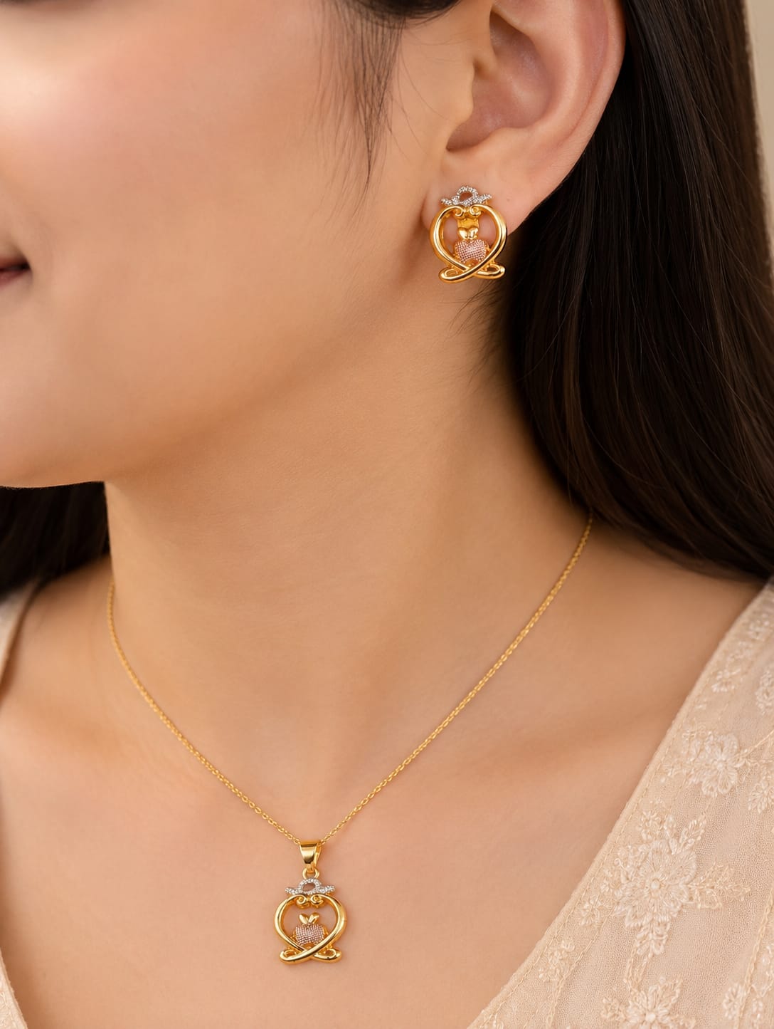 Golden Heart Apple Pendant Necklace and Earrings Set - Image 1