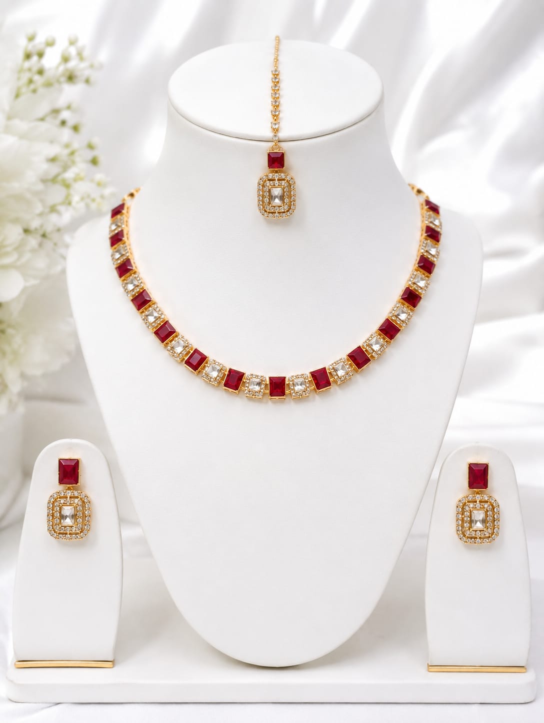 Red and White Stone Gold Tone Necklace Set - Image 1