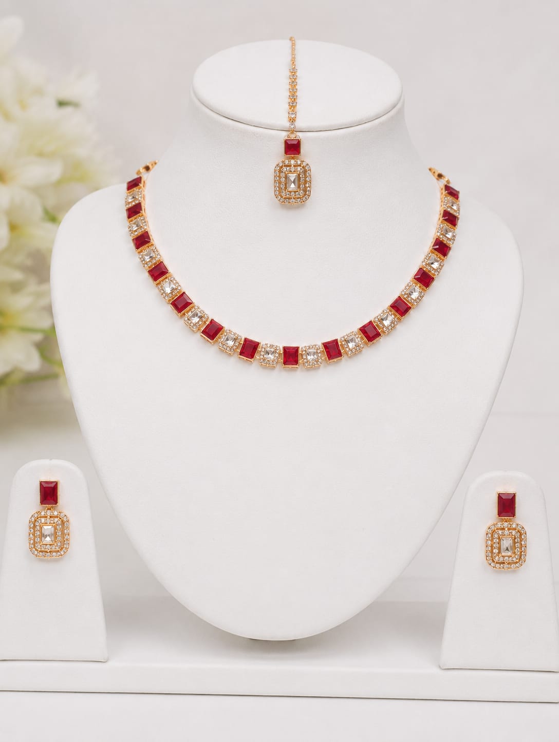 Red and White Stone Gold Tone Necklace Set - Image 2