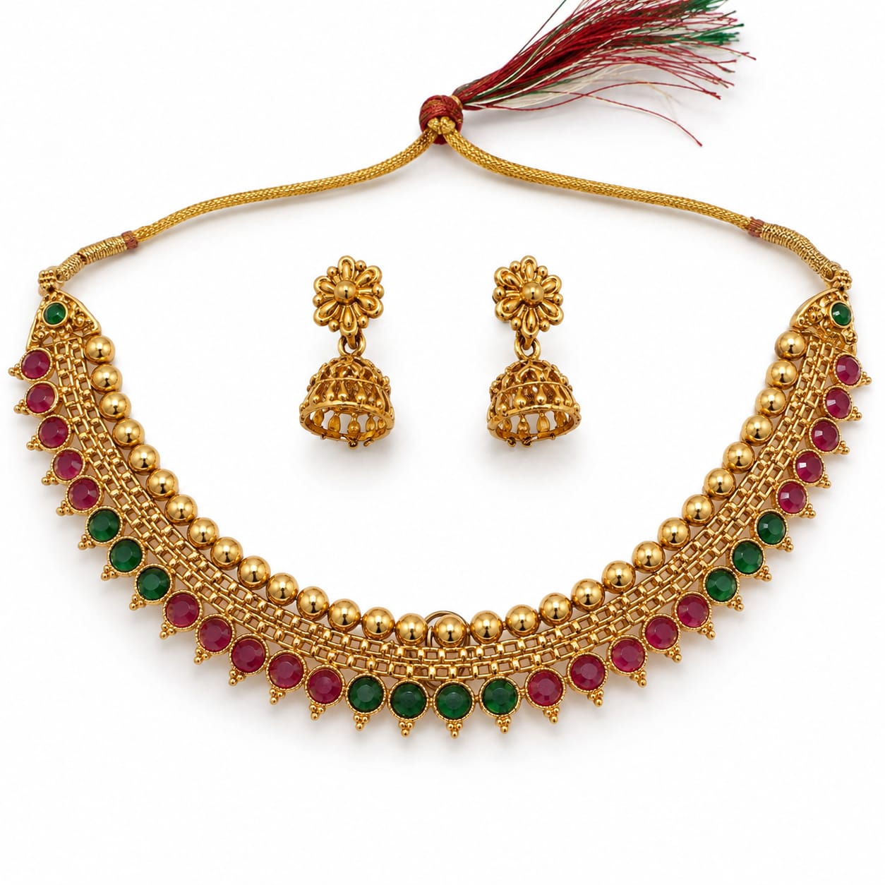 Traditional Gold Tone Ruby and Emerald Necklace Set - Image 1