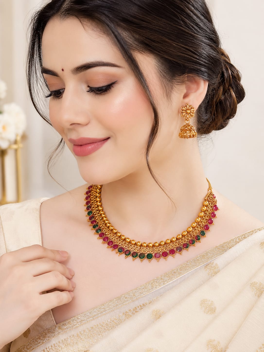 Traditional Gold Tone Ruby and Emerald Necklace Set - Image 2