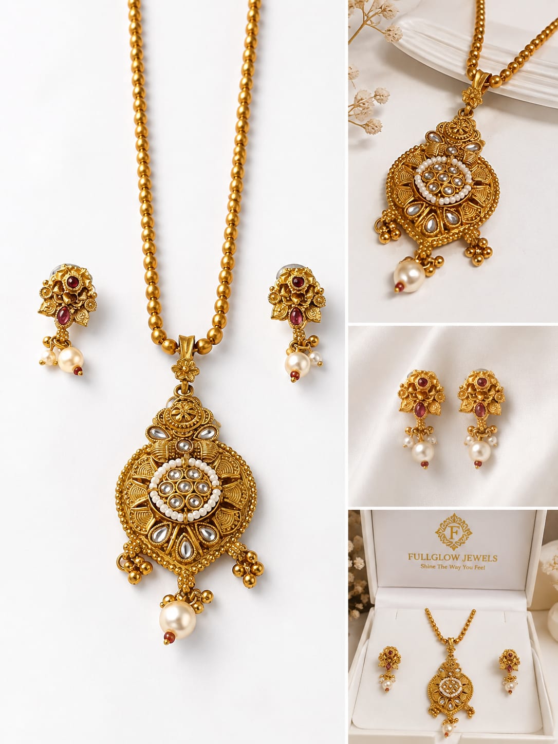 Traditional Gold Tone Pearl Pendant Necklace Set - Image 1