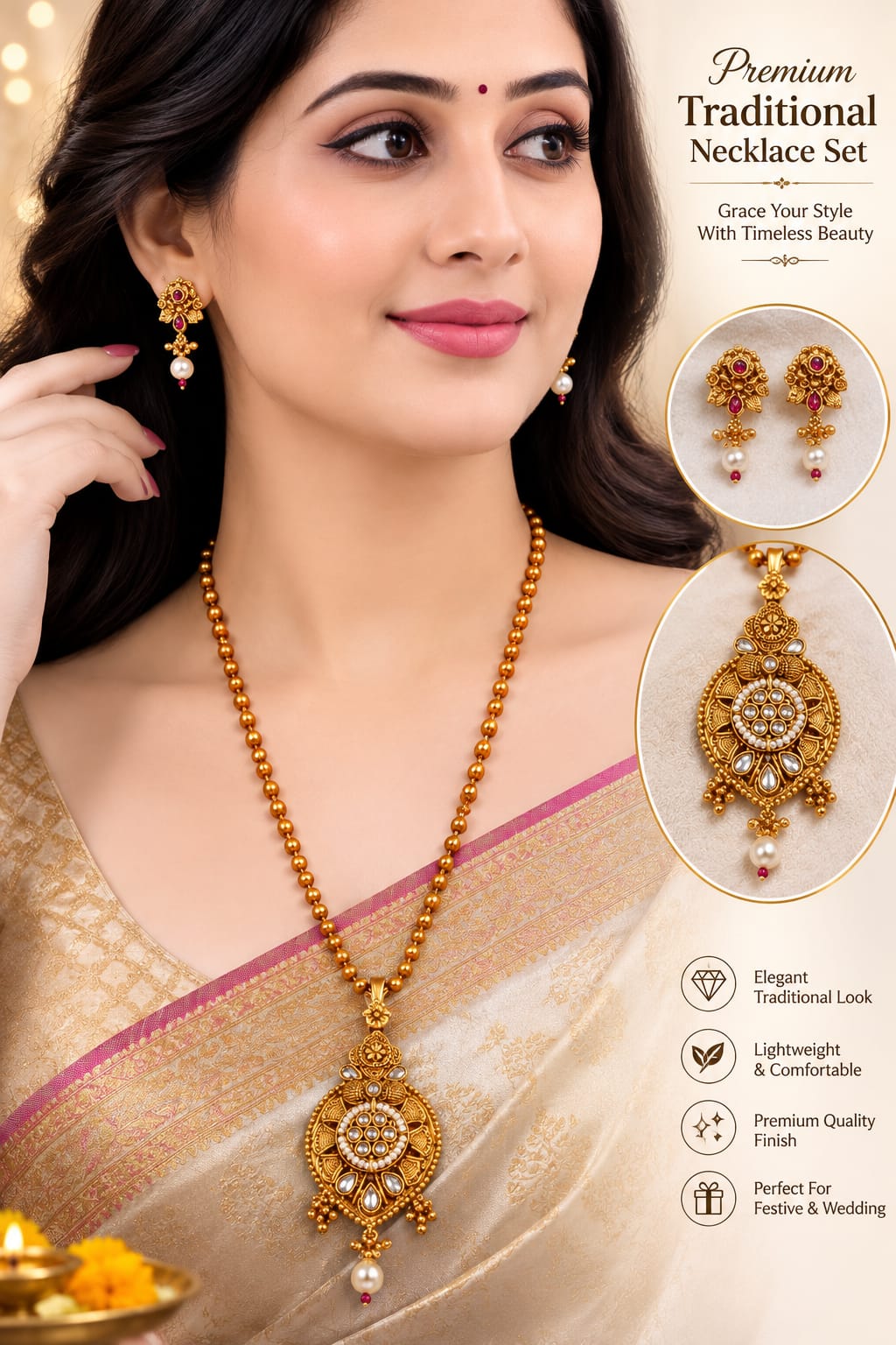 Traditional Gold Tone Pearl Pendant Necklace Set - Image 2