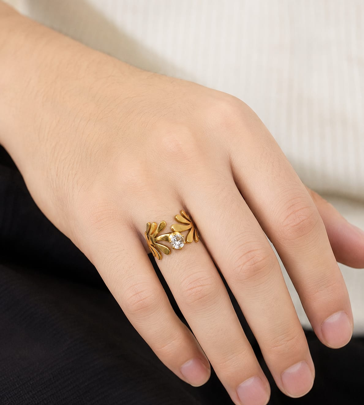 Gold Tone Heart and Leaf Stone Ring - Image 2