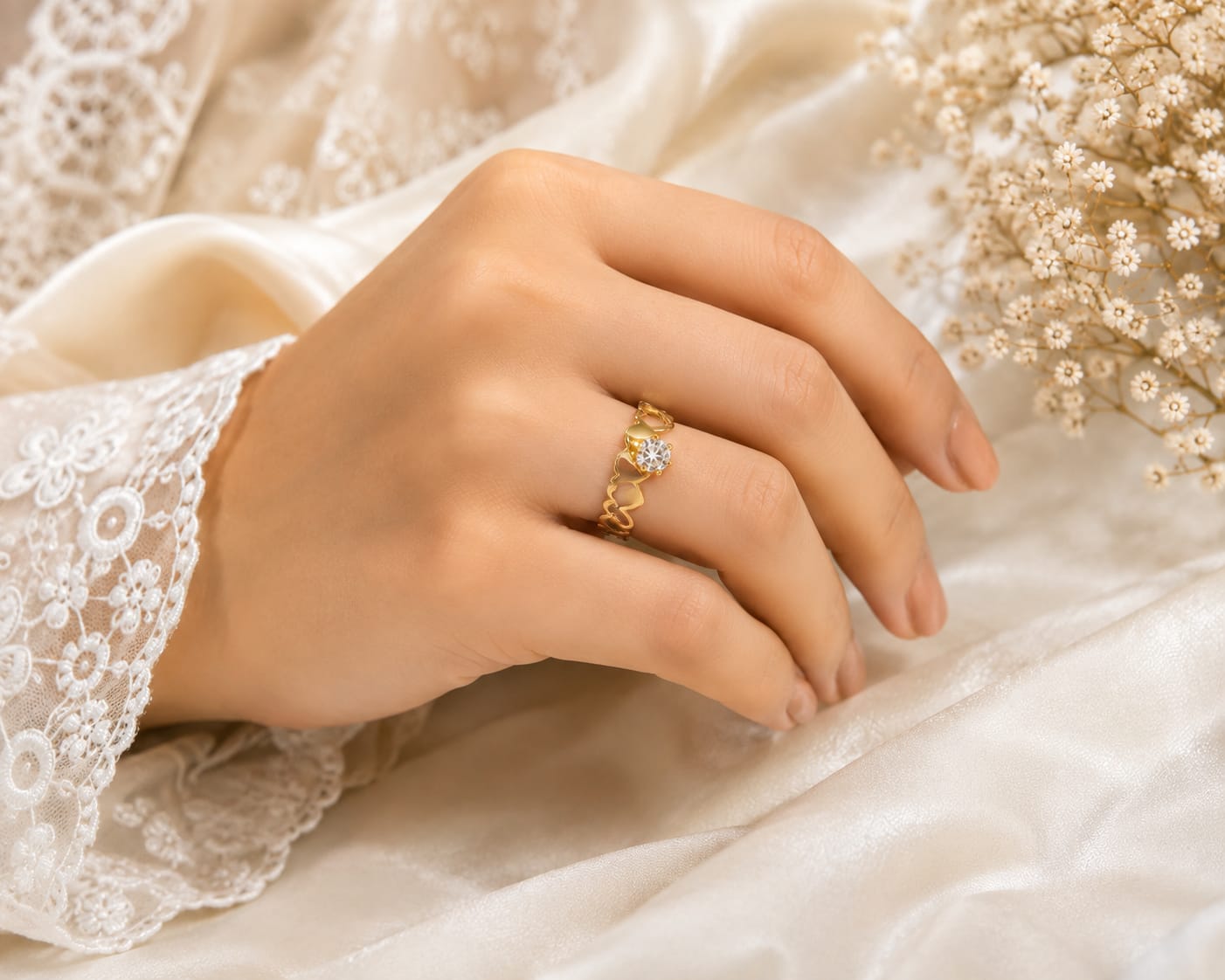Gold Tone Heart and Leaf Stone Ring - Image 3