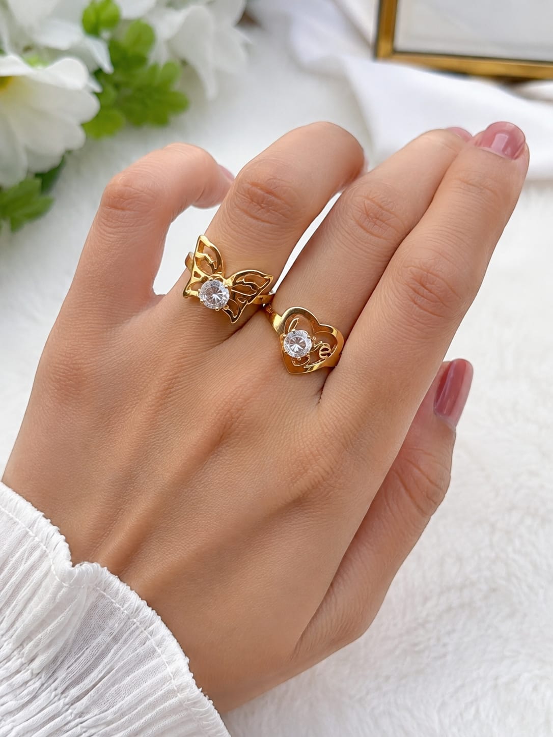 Gold Tone Butterfly and Love Stone Ring - Image 1