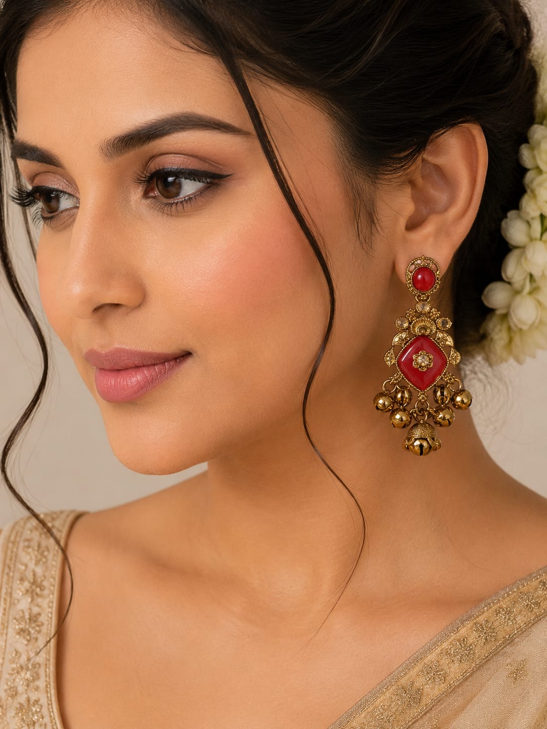 Traditional Red Stone Gold Tone Jhumka Earrings - Image 1