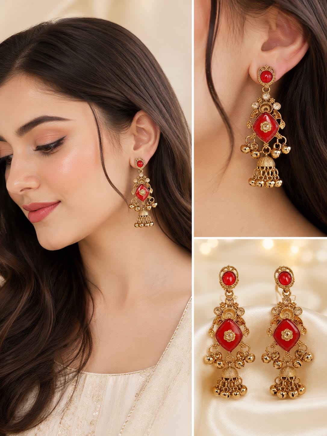 Traditional Red Stone Gold Tone Jhumka Earrings - Image 2