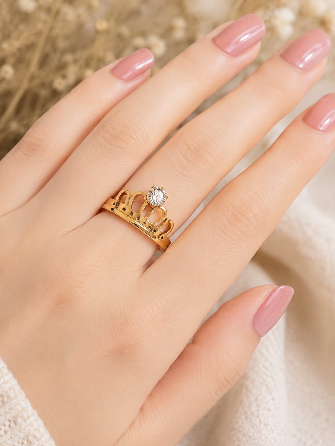 Gold Tone Butterfly and Crown Stone Ring Set - Image 1
