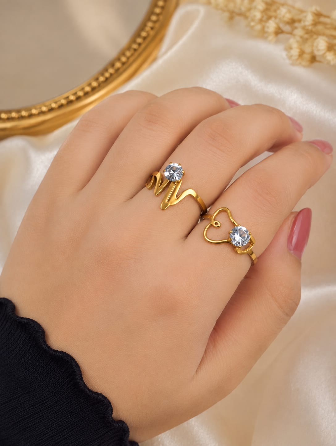 Gold Tone Heartbeat and Stethoscope Stone Ring Set - Image 1