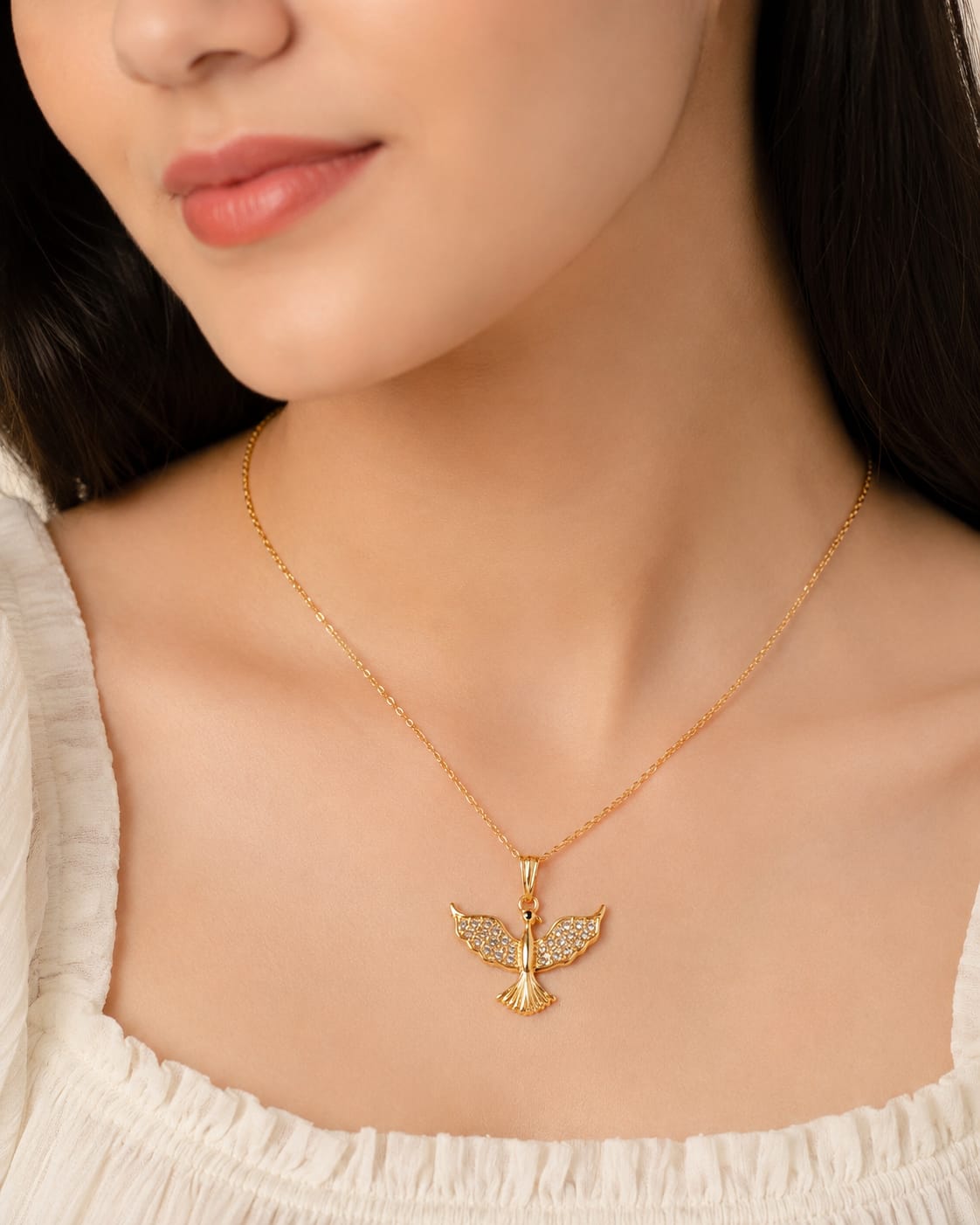 Gold Tone Bird Pendant Necklace and Pearl Drop Earrings Set - Image 1