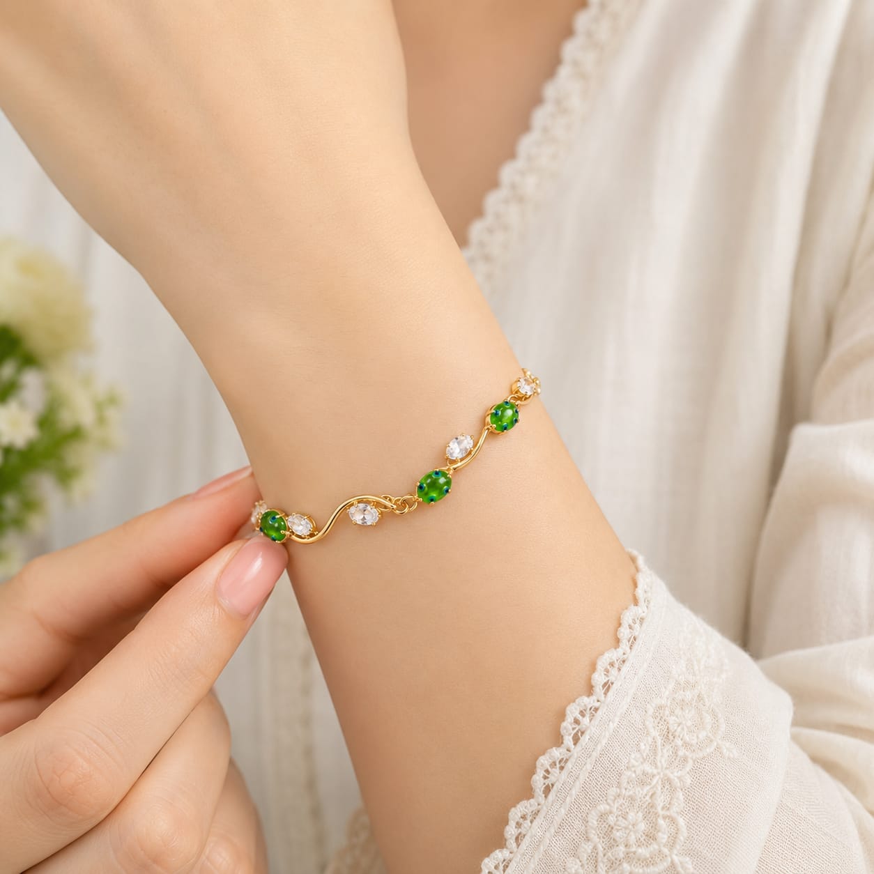 Gold Tone Green Enamel and Crystal Bracelet - Image 1