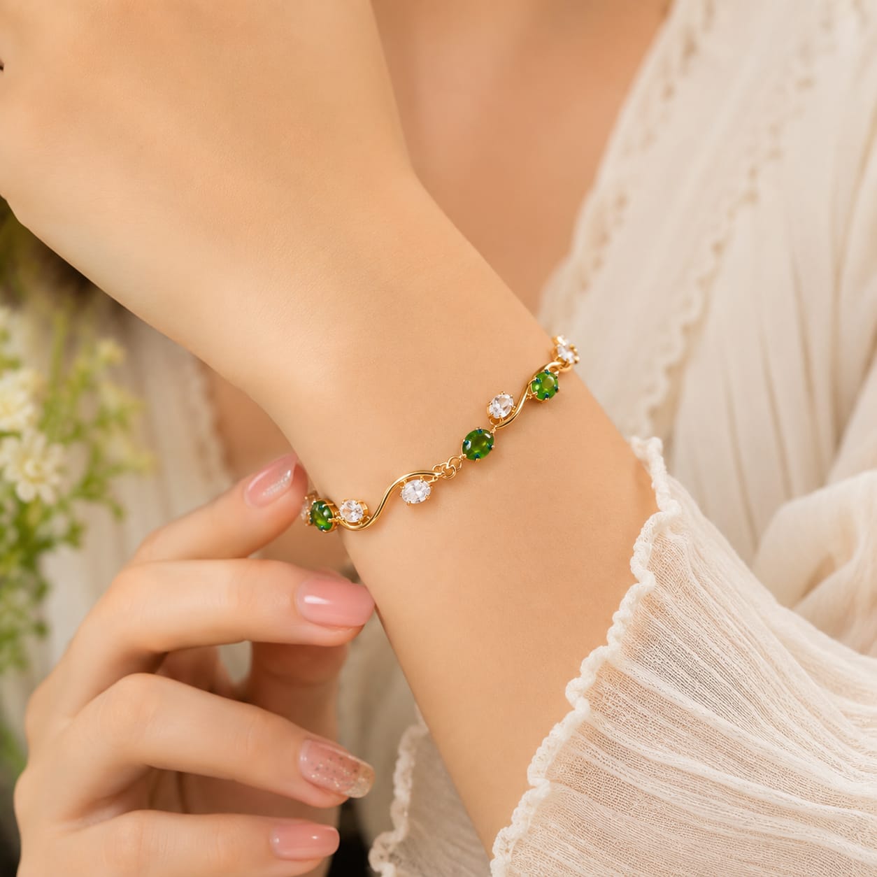 Gold Tone Green Enamel and Crystal Bracelet - Image 2