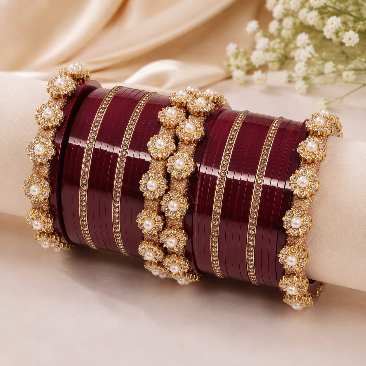 Black Gold Floral Pearl Bangle Set for Women - Image 1