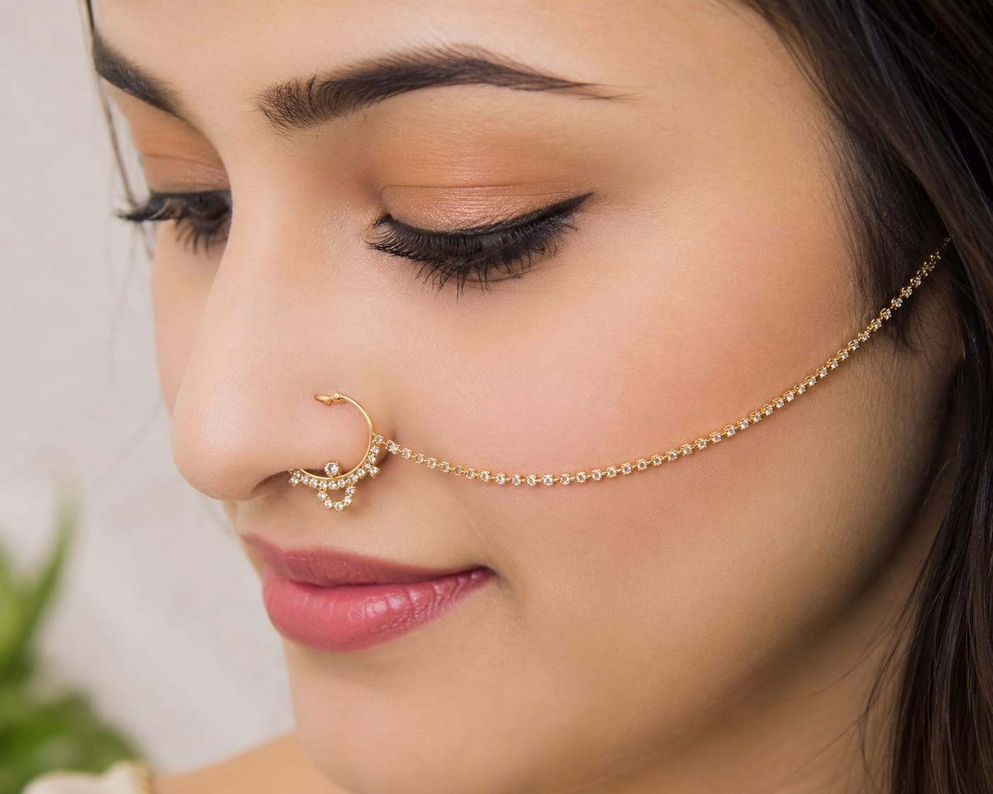 Gold-Plated Stone Studded Nath with Chain - Image 1