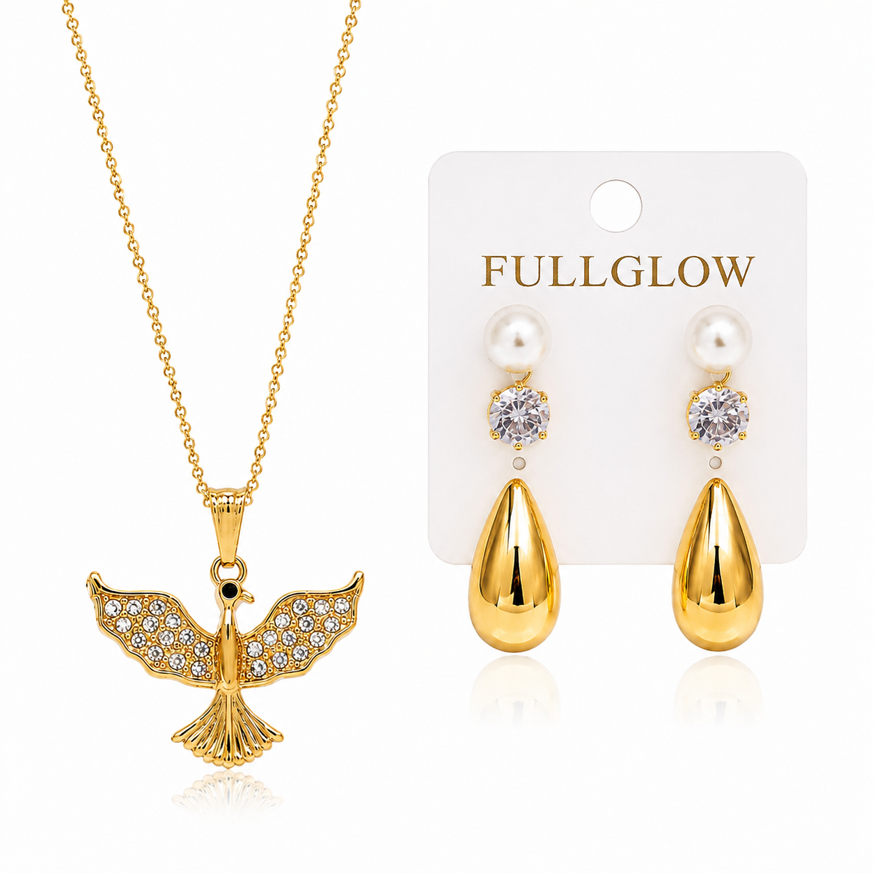 Gold Tone Bird Pendant Necklace and Pearl Drop Earrings Set - Image 2