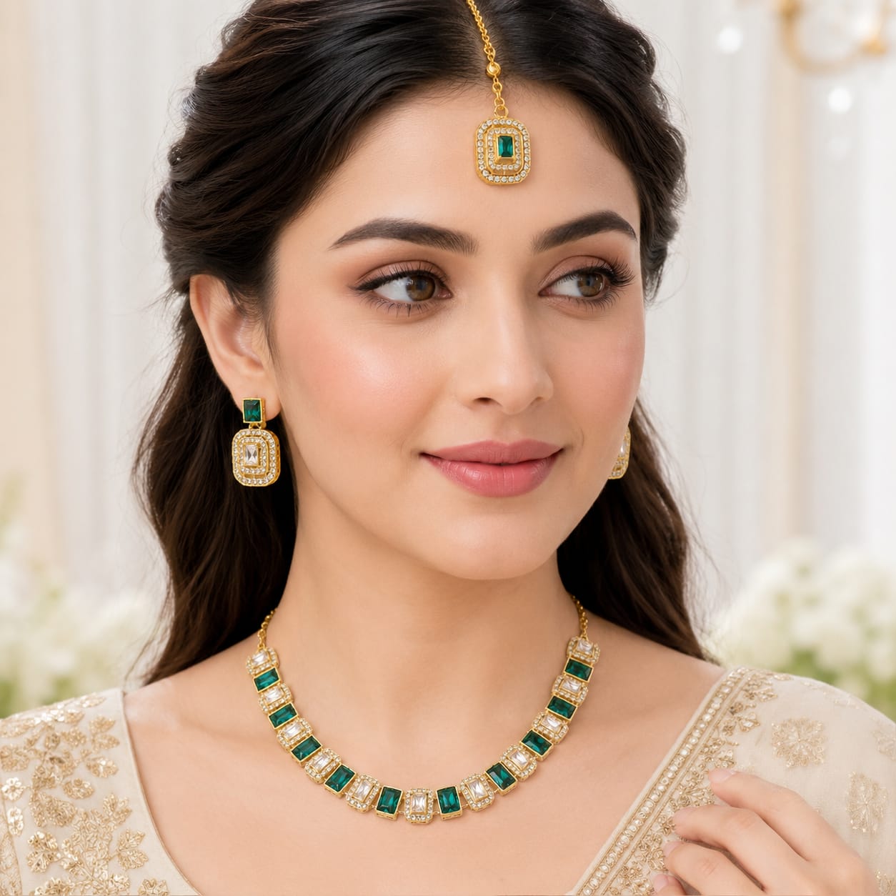 Emerald Green and White Stone Necklace Set - Image 1