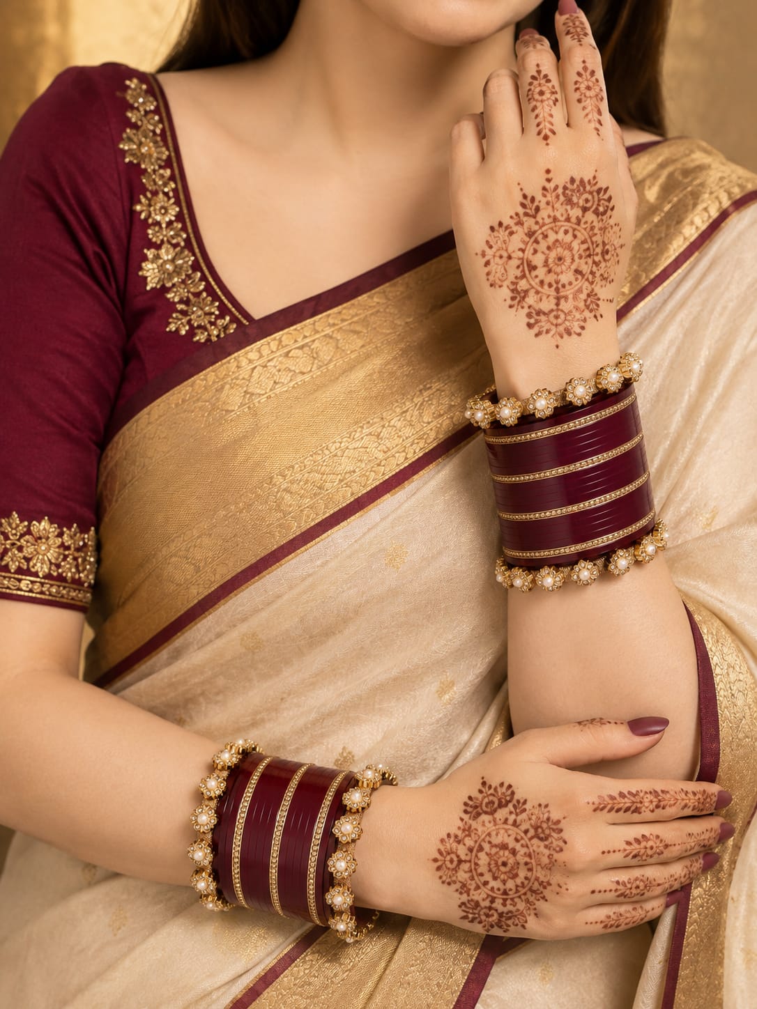 Black Gold Floral Pearl Bangle Set for Women - Image 2