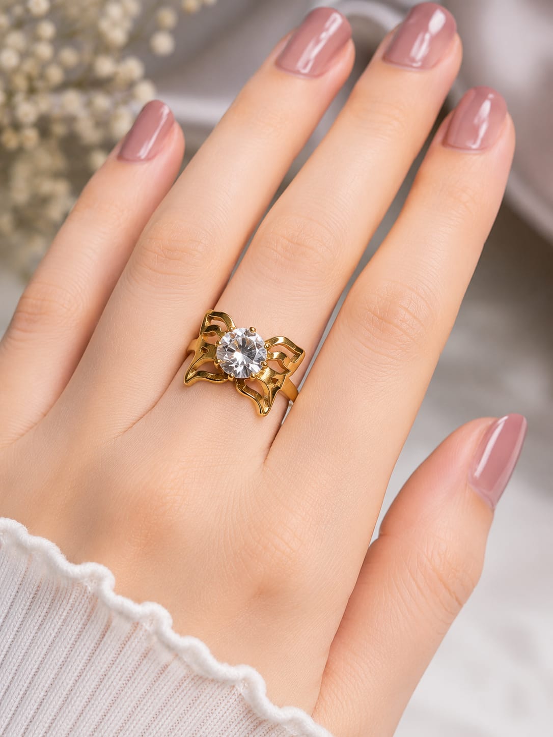 Elegant Golden Crystal Floral Ring - Image 2
